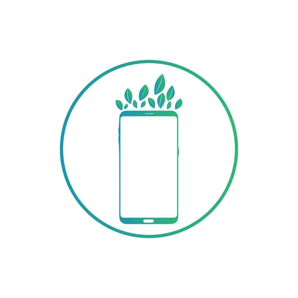 スマートフォンのロゴデザイン 葉と円環を持つモバイルベクトル図 — ストックベクタ