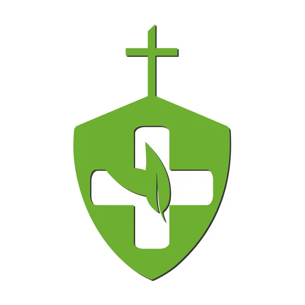 Farmacie Medisch Logo Natuurlijke Organische Vector Met Schilden Kruis Bladillustratie — Stockvector