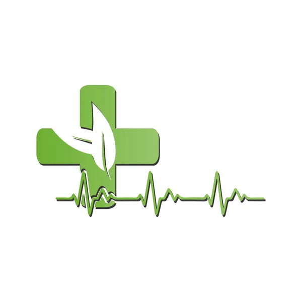 Apotheek Medisch Logo Natuurlijke Organische Vector Met Hartslag Kruis Illustratie — Stockvector