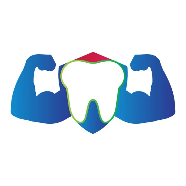 Logotipo Dente Cuidados Dentários Com Bíceps Escudo Forma Vetor Ilustração —  Vetores de Stock