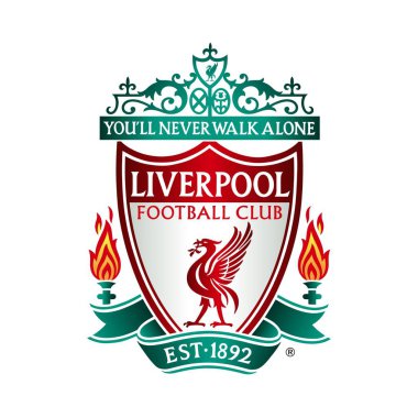 Beyaz arka planlı Liverpool FC logosu. Surabaya, Endonezya - 16 Aralık 2023