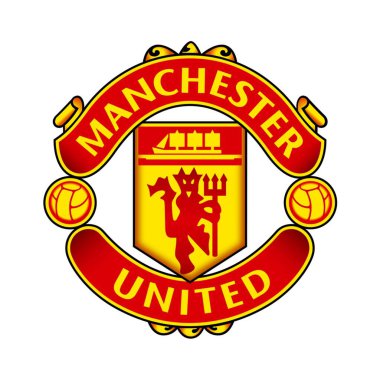 Manchester United logosu beyaz arkaplanlı. Surabaya, Endonezya - 16 Aralık 2023