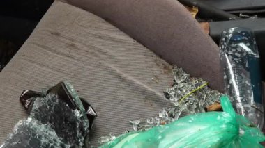Koltuğun üzerinde cam kırıkları olan hasarlı bir arabanın içi ve içinde birçok karınca hareket ediyor. Vandalizm, kaza, sigorta, istila ve ihmal kavramı