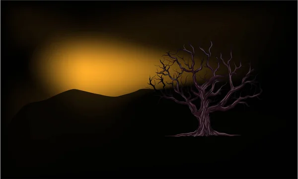 在高山和枯树的背景下 太阳升起时的大气图解 — 图库矢量图片