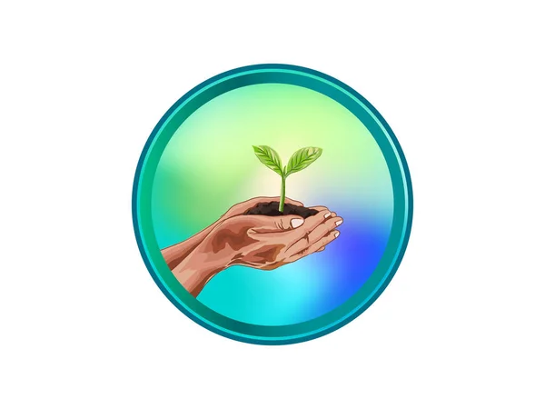 Salvar Ilustração Verde Duas Mãos Segurando Uma Planta Jovem — Vetor de Stock