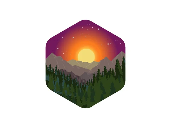 Sunset Landscape Logo Petualangan Ikon Vektor Template Latar Belakang Putih - Stok Vektor