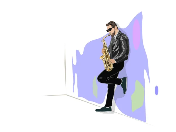 Illustration Eines Saxofonisten Ein Mann Spielt Adolphe Sax — Stockvektor