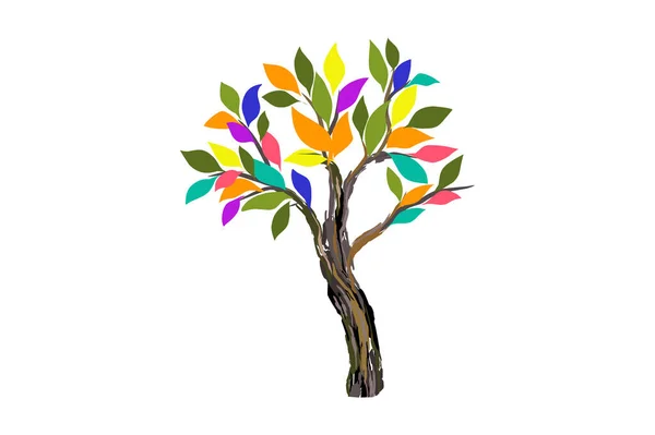 Árvore Abstrata Com Folhas Coloridas Desenhadas Mão — Vetor de Stock