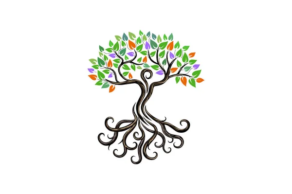 Abstrakcyjne Logo Drzewa Dekoracyjnego Ludzkie Drzewo Kolorowymi Liśćmi Koncepcja — Wektor stockowy