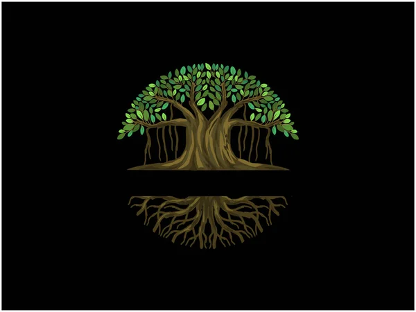 Logo Copacului Banyan Izolat Fundal Negru — Vector de stoc