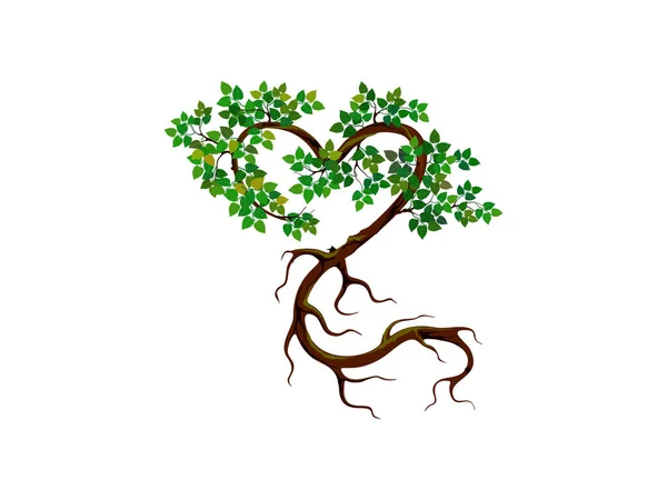 Árvore Forma Coração Com Folhas Ilustração Árvore Bonsai Única Raízes — Vetor de Stock