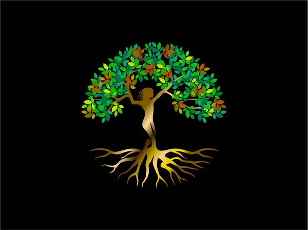 Logo Abstract Femeie Copac Aur Strălucitor Culoare Metalică Vector — Vector de stoc