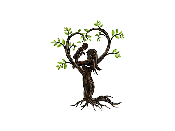 Abstraktní Logo Lidského Stromu Unikátní Strom Vektor Ilustrace Matky Drží — Stockový vektor