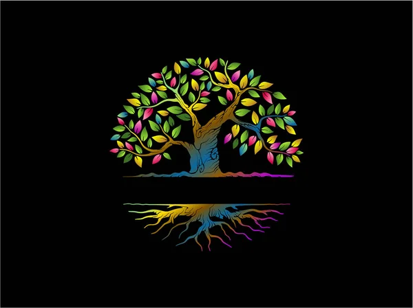 Färgglada Regnbågsträd Med Rötter Vektor Illustration — Stock vektor
