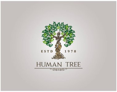 Soyut İnsan Ağacı logosu. Çemberli ve soyut kadın şekilli Eşsiz Ağaç Vektörü çizimi.