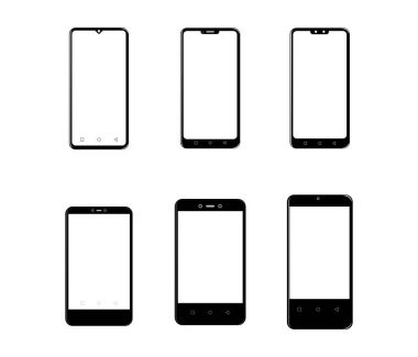 Beyaz arka planda izole edilmiş siyah akıllı telefonlar. vektör illüstrasyonu 