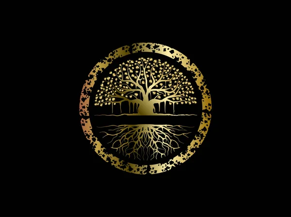 Logotipo Del Árbol Banyan Vibrante Dorado Con Marco Círculo — Vector de stock