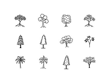 Ağaç karikatürü el çizimleri koleksiyonu. 