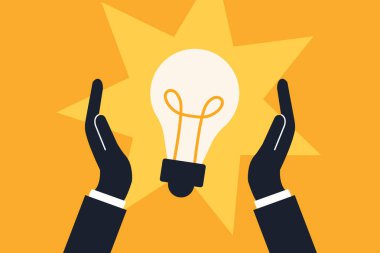 Ampul fikri. Elleri ampul ışığı tutuyordu. Vektör illüstrasyonu