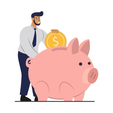 Kumbaraya para yatıran adam, yatırım konsepti, finansal okur yazarlık, tasarruf ya da gelir. Düz vektör illüstrasyonu.