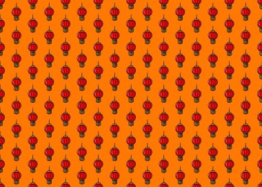   Kırmızı Çin feneriyle kusursuz desen. Turuncu arka planda Çin Yeni Yıl deseni. Kırmızı asılı fener..