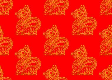  Çin yeni yılı. Kırmızı arka planda ejderhaları olan kusursuz bir desen. Mutlu yıllar. 2025 yılı. Geleneksel Çince karakter. Asya mitolojik ejderhaları. 