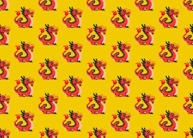   Komik canavarlarla kusursuz bir düzen. Çin yeni yılı. Sarı arka planda ejderhalı kusursuz desen. Geleneksel Çince karakter. Asya mitolojik ejderhaları.