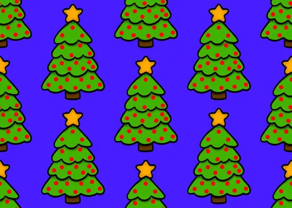   Mavi arka planda şenlikli Noel ağaçları olan kış desenleri. Süslü Noel ağaçlarıyla dolu. Noel arifesinde yeşil süslenmiş ağaçlar. 