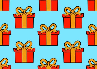   Kusursuz, renkli desenli ve hediyeli. Tatil hediyeli desen. Mavi arka planda bir hediye kutusu. Neşeli arkaplan.