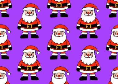   Noel Baba 'da kusursuz bir düzen var. Noel Baba 'yla Noel geçmişi. Mor arka planda kırmızı elbiseli Noel Baba..