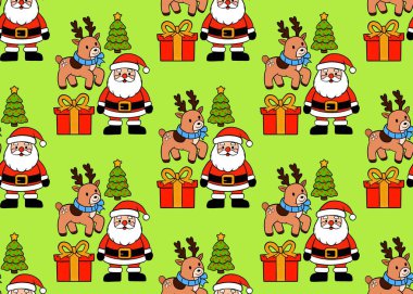   Açık yeşil arka planda kusursuz bir Noel deseni. Geyik, Noel Baba ve hediyelerle Noel deseni. Mutlu yıllar. Noel arkaplanı.