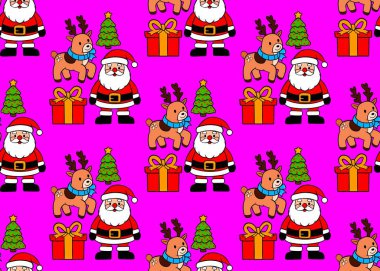   Pembe arka planda kusursuz bir Noel şablonu. Geyik, Noel Baba ve hediyelerle Noel deseni. Mutlu yıllar. Noel arkaplanı.