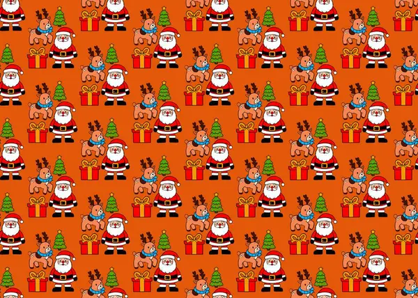   Turuncu arka planda kusursuz bir Noel deseni. Geyik, Noel Baba ve hediyelerle Noel deseni. Mutlu yıllar. Noel arkaplanı.