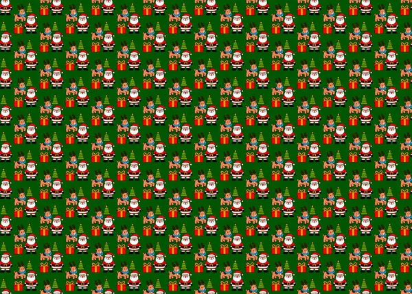   Yeşil arka planda kusursuz bir Noel şablonu. Geyik, Noel Baba ve hediyelerle Noel deseni. Mutlu yıllar. Noel arkaplanı.