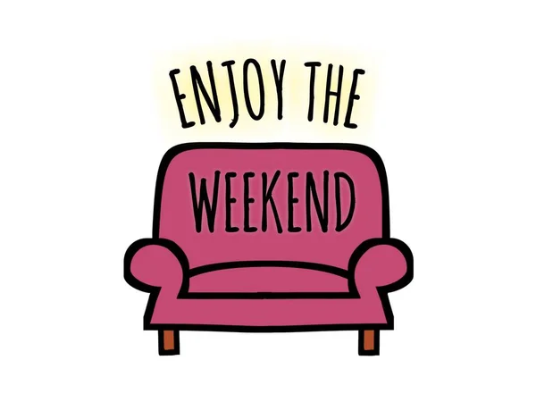 Enjoy the weekend word and sofa cartoon vector doodle style.Happy weekend greeting with pink cartoon sofa retro on white background, drawing hand,  illustration.