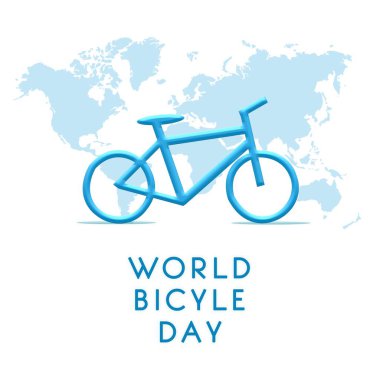 Dünya Bisiklet Günü. Yeşil bisiklet ikonu. Bisiklet silueti ve dünya haritası. Bisiklet ve Dünya. Mavi bisiklet. Beyaz arkaplan