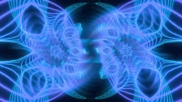 Blue Neon Mandala Gespiegeld Caleidoscoop Fractal Wereld Een Donkere Achtergrond — Stockvideo