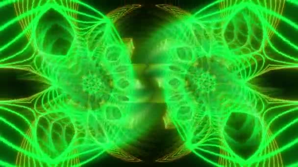 Groene Neon Mandala Gespiegeld Caleidoscoop Fractal Wereld Een Donkere Achtergrond — Stockvideo
