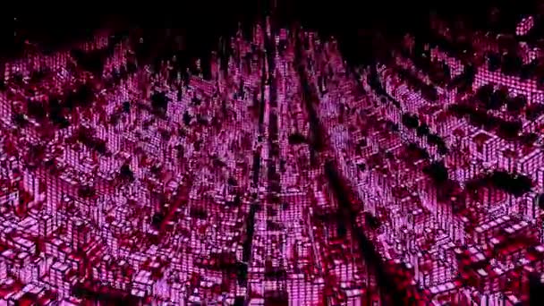 Voxel Вимірні Червоні Блоки Місто Світла Пролітають Через Птахів Вид — стокове відео