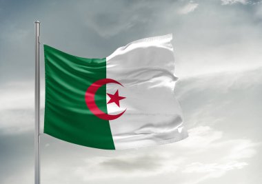 Ulusal Cezayir bayrağı bulutlu arka planda dalgalanıyor. 3d oluşturma