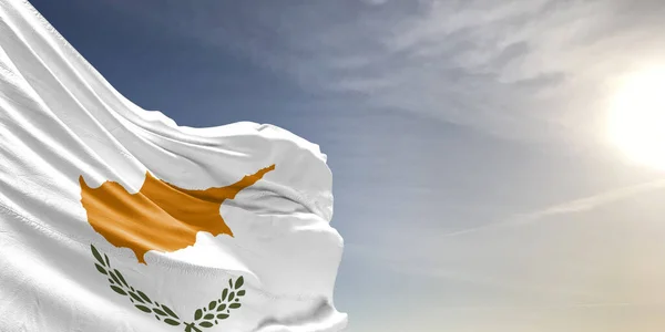 stock image Cyprus national flag cloth fabric waving on beautiful grey sky Background.