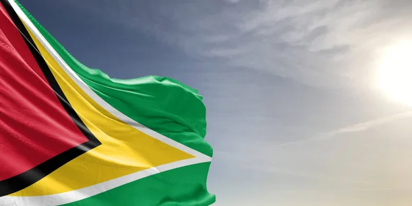 Guyana National Flag Cloth Fabric Waving Beautiful Grey Sky Background — Stock Photo, Image