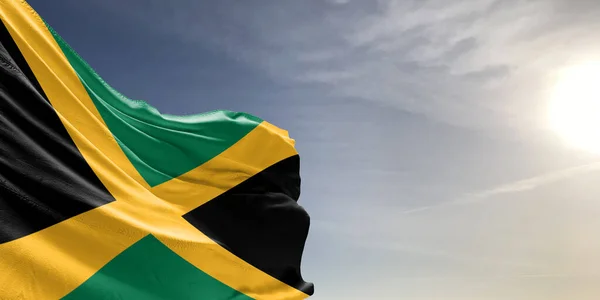 Jamaica National Flag Cloth Fabric Waving Beautiful Grey Sky Background — Stock Photo, Image