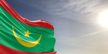 Moritanya ulusal bayrak kumaşı güzel gri arka planda sallanıyor.