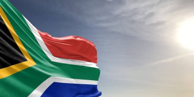 Güney Afrika Ulusal Bayrak Kumaşı Güzel gri gökyüzünde sallanıyor.