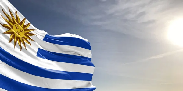Uruguay National Flagga Tyg Viftar Vacker Grå Himmel Bakgrund — Stockfoto