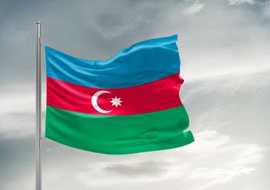 Azerbaycan ulusal bayrak kumaşı güzel gri arka planda sallanıyor.