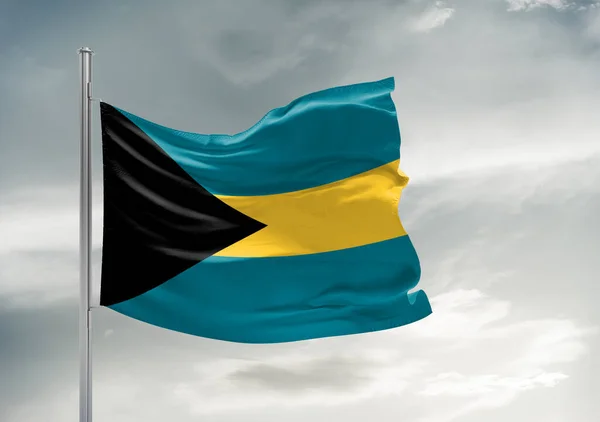 Bahamy Národní Vlajkové Tkaniny Vlnící Krásné Šedé Obloze Pozadí — Stock fotografie