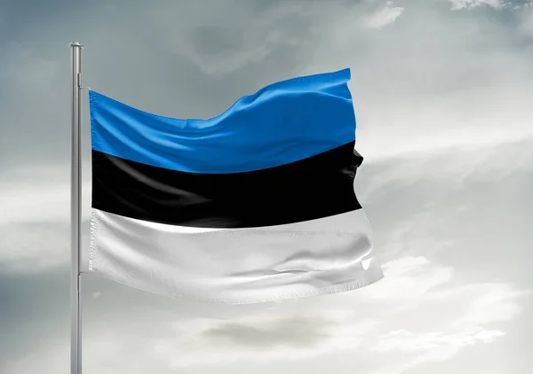 Estonsko Národní Vlajkové Tkaniny Vlnění Krásné Šedé Obloze Pozadí — Stock fotografie