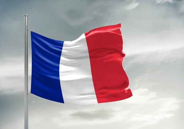 Francie Národní Vlajkové Tkaniny Vlnění Krásné Šedé Obloze Pozadí — Stock fotografie